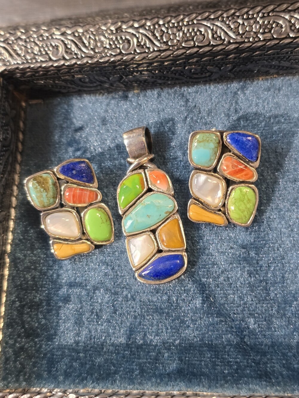 Vintage Southwestern 925 Multi-Stone Inlay Mosaic Pendant & Clip Earring Set
